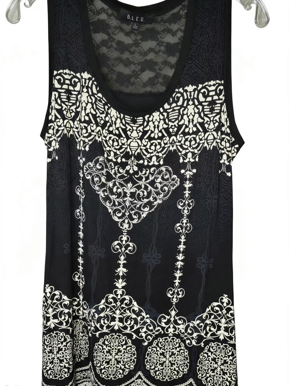 B.L.E.U. Black Tank with White Ornate Lace-Back Detail